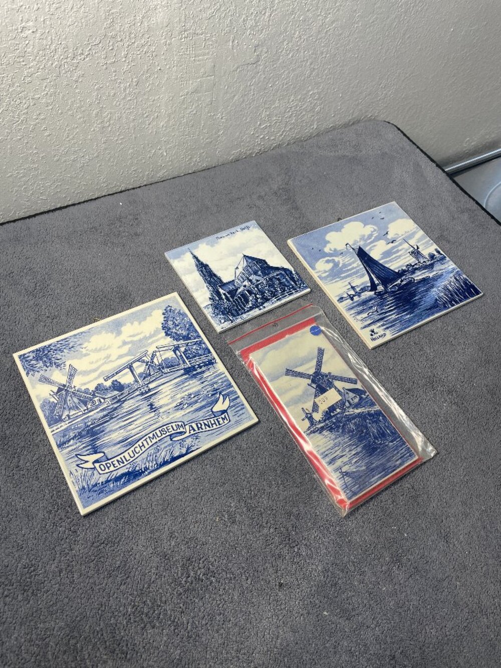 4Pcs Vintage Delft Blue Tiles Arnhem Museum Royal Mosa Holland Windmill Sailboat